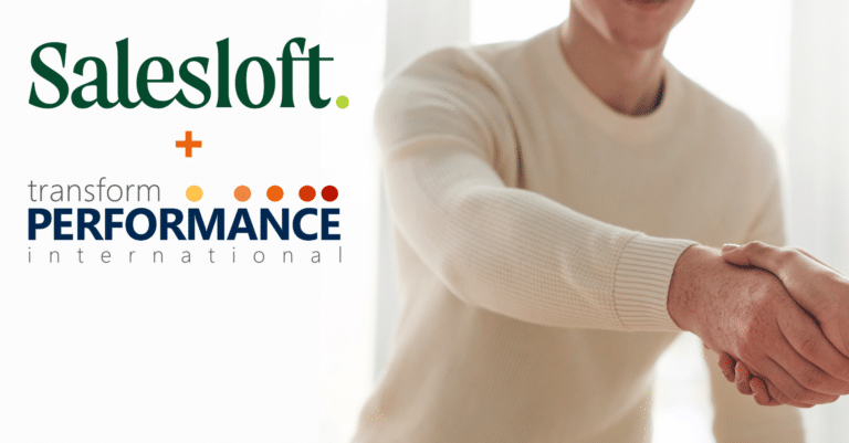 person shaking hands with another person, and two company logos Salesloft and Transform Performance